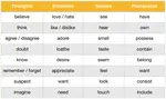 Stative verbs are used to reflect states of mind such as opinions, feelings, sense perceptions, and emotions. They are not usually used in the continuous tense.